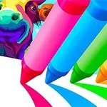 Barevné pastelky kreslí čáry spolu s obrazem pestrobarevné krávy v pozadí