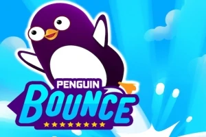 Fialový tučňák se širokým úsměvem skáče na modrém pozadí s obláčky, doprovázený výrazným nápisem PENGUIN BOUNCE v popředí