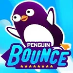 Fialový tučňák se širokým úsměvem skáče na modrém pozadí s obláčky, doprovázený výrazným nápisem PENGUIN BOUNCE v popředí