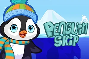 Tučňák s barevnou čepicí a šálou stojí před ledovcem vedle nápisu Penguin Skip