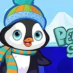 Tučňák s barevnou čepicí a šálou stojí před ledovcem vedle nápisu Penguin Skip