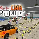 Žluté auto parkující v garáži s překážkami a několika dalšími auty v pozadí