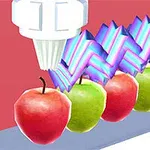 Barevná ilustrace zobrazuje červená a zelená jablka na běžícím pásu s ozdobným vzorem krémových vln nad nimi