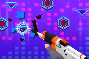 Ruka držící futuristickou zbraň mířící na barevné geometrické tvary na fialovém pozadí s čtvercovými vzory