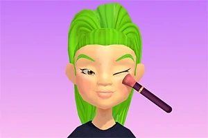Kreslená postava s zelenými vlasy si nanáší make-up štětcem na tvář