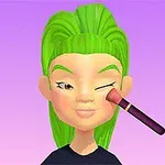 Kreslená postava s zelenými vlasy si nanáší make-up štětcem na tvář