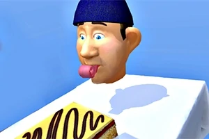 Animovaná postava s modrou čepicí vyplazuje jazyk na dort na stole