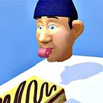 Animovaná postava s modrou čepicí vyplazuje jazyk na dort na stole