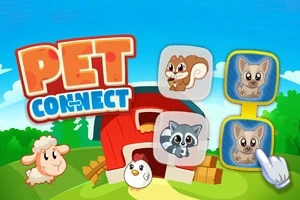 Barevná scéna s obrázky zvířat na dvoře, červená stodola v pozadí a nadpis Pet Connect