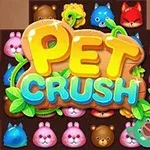 Barevné kreslené tváře zvířat uspořádané v mřížce s titulem PET CRUSH v popředí