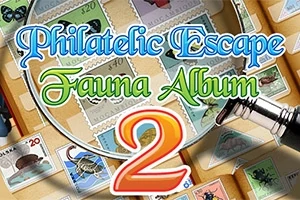 Lupa nad albem poštovních známek s obrázky zvířat a textem Philatelic Escape Fauna Album 2