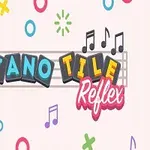 Barevný nápis Piano Tile Reflex obklopený hudebními notami a symboly na světlém pozadí