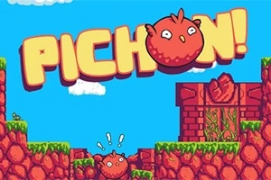 Červený kulatý ptáček na pixel art pozadí s nápisem PICHON!