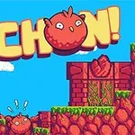 Červený kulatý ptáček na pixel art pozadí s nápisem PICHON!