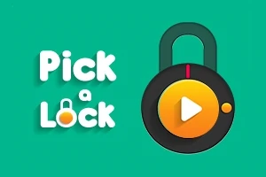 Text Pick a Lock vedle ilustrace visacího zámku s tlačítkem přehrávání na tyrkysovém pozadí