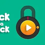 Text Pick a Lock vedle ilustrace visacího zámku s tlačítkem přehrávání na tyrkysovém pozadí