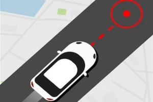 Auto s bílou karoserií na silnici se zobrazeným červeným cílem před sebou