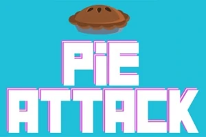 Nápis PIE ATTACK s malým koláčem nahoře na modrém pozadí