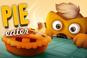 Postavička s maskou vlka sleduje lákavý koláč na stole vedle nápisu PIE eater
