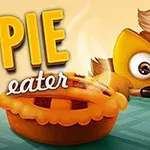 Postavička s maskou vlka sleduje lákavý koláč na stole vedle nápisu PIE eater