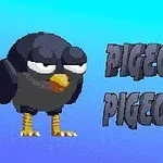 Pixelová ilustrace černého ptáka se žlutým zobákem a nápisem PIGEONS na modrém pozadí
