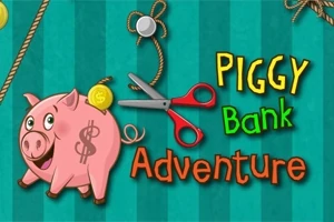 Růžové prasátko s mincí na zádech, nůžkami a lany na zeleném pruhovaném pozadí s nápisem Piggy Bank Adventure