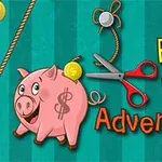 Růžové prasátko s mincí na zádech, nůžkami a lany na zeleném pruhovaném pozadí s nápisem Piggy Bank Adventure