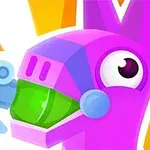 Fialový kreslený lama robot s velkýma očima a zeleným kokpitem na oranžovém pozadí