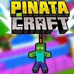 Název PINATA CRAFT ve stylu blokového písma nad obrazem blokové postavičky visící na provaze v barevném okolí