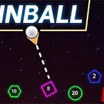 Barevné geometrické tvary s čísly a bílou koulí směřující k nápisu PINBALL na tmavém pozadí