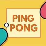 Dvě pingpongové pálky, červená a modrá, s pingpongovým míčkem uprostřed textu PING PONG na žlutém pozadí