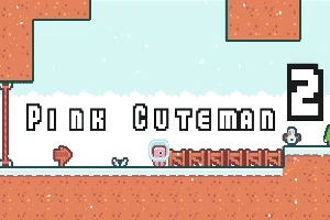 Postavička v růžovo-bílém obleku stojí na pixelově zpracovaném pozadí s názvem Pink Cuteman 2 v horní části obrázku