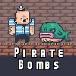 Muž v námořnickém oblečení a zelená mořská bytost na cihlovém pozadí s nápisem Pirate Bombs