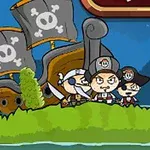 Pirátská loď s lebkami na plachtách kotví u zeleného ostrova, kde stojí tři kreslené postavičky pirátů
