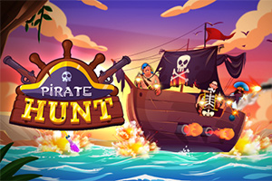 Pirátská loď v boji na moři s ilustrací pirátského znaku a nápisem PIRATE HUNT