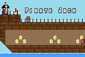 Pirátská loď z pixelové grafiky s nápisem „Pirate Jack“ a mincemi na palubě