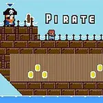 Pirátská loď z pixelové grafiky s nápisem „Pirate Jack“ a mincemi na palubě