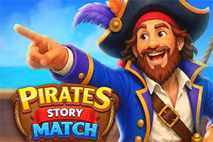 Usměvavý kreslený pirát v modrém kabátu ukazuje prstem vedle barevného loga Pirates Story Match
