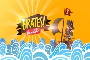 Pirátská loď s vlajkou plující po modrých vlnách na pozadí oranžové oblohy s nápisem PIRATES!