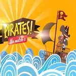 Pirátská loď s vlajkou plující po modrých vlnách na pozadí oranžové oblohy s nápisem PIRATES!
