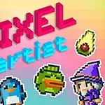 Barevný pixelový design s postavičkami rytíře, čaroděje, tučňáka, psa, avokáda a kačera na duhovém pozadí
