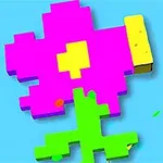 Barevný pixelovaný květ s růžovými okvětními lístky a zeleným stonkem na světle modrém pozadí