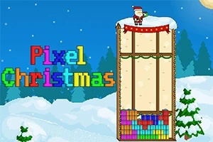 Vánoční pixelový motiv s Santa Clausem na střeše, pestrobarevné bloky a nápis Pixel Christmas na zasněženém pozadí s hvězdnou oblohou