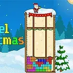 Vánoční pixelový motiv s Santa Clausem na střeše, pestrobarevné bloky a nápis Pixel Christmas na zasněženém pozadí s hvězdnou oblohou