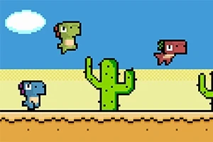 Pixelová grafika s malými dinosauříky, dvěma kaktusy a modrou oblohou s obláčkem