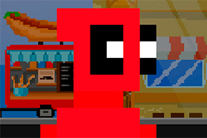 Červená pixelová postava před stánkem s hotdogem v pozadí