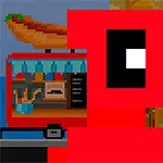 Červená pixelová postava před stánkem s hotdogem v pozadí