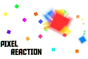 Barevné čtverce různých velikostí na bílém pozadí s textem Pixel Reaction