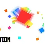 Barevné čtverce různých velikostí na bílém pozadí s textem Pixel Reaction