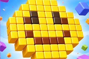 Žlutý pixelový smajlík z kostek s hnědýma očima a úsměvem na modrém pozadí s barevnými geometrickými tvary